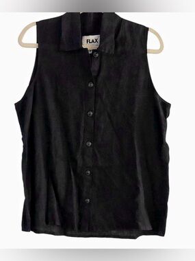 Flax Sleeveless Top Size Medium Black Button Front Linen